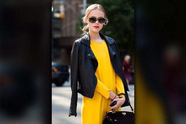 Yellow Dress with Leather Jacket