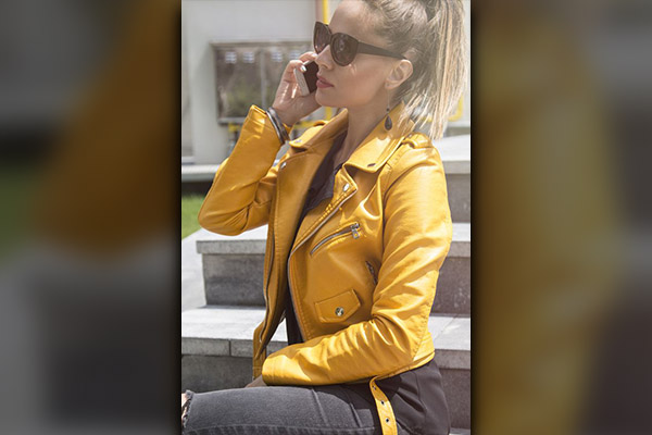Yellow Hoodie with Leather Jacket
