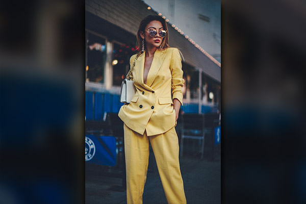 Yellow Crop Top and Black Oversized Pant Suit