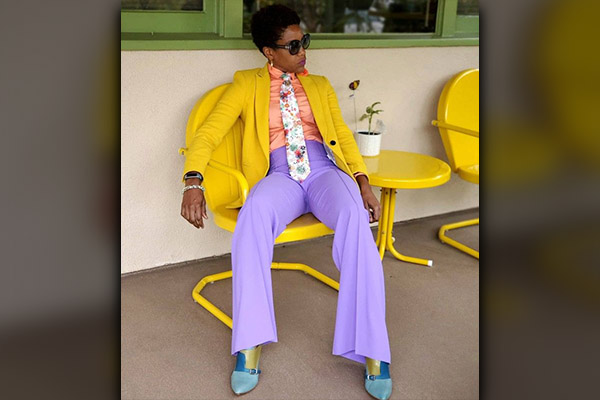 Neon Purple Suit with Yellow Ribbed Top