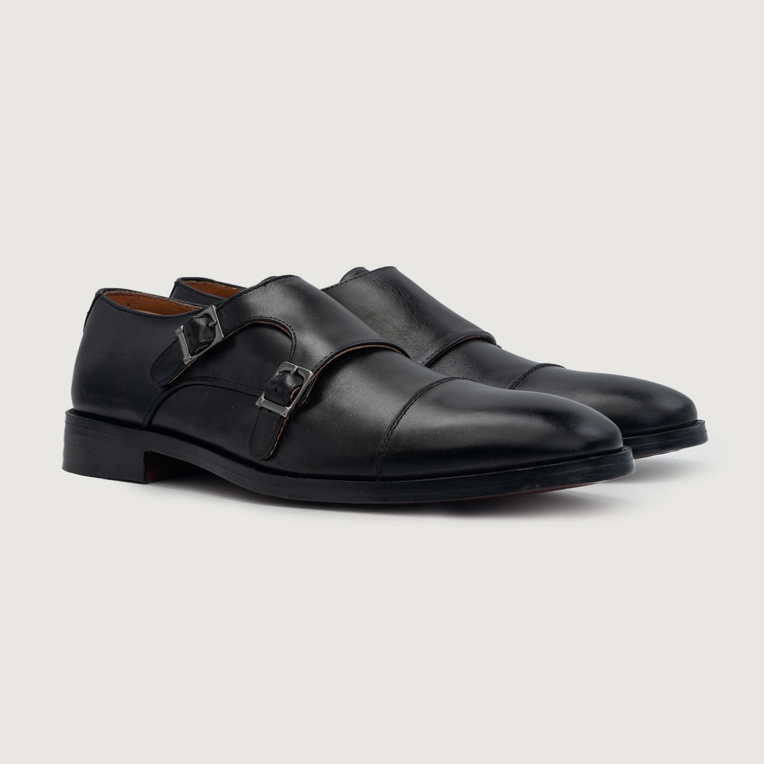 Boston Double Monk Strap Black Leather Shoes
