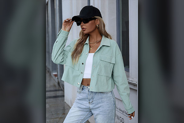 Green Corduroy Jacket With White Crop Top & Sky Blue Jeans