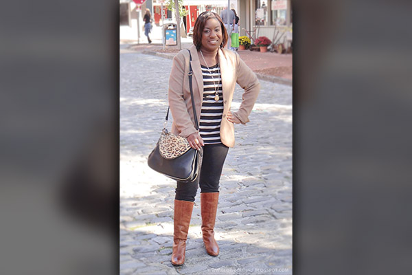 Tan Corduroy Blazer Jacket with Black and White Striped Shirt