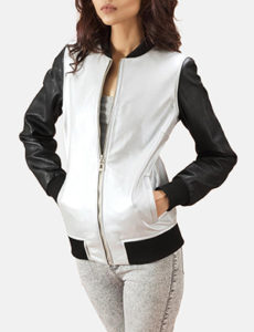 Silver Leather Bomber Jacket