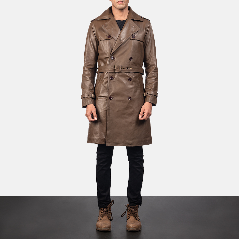 mens brown leather trench coat full length