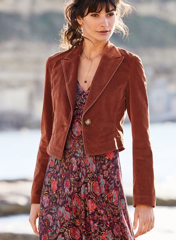 floral print dress with a brown suede jacket for women