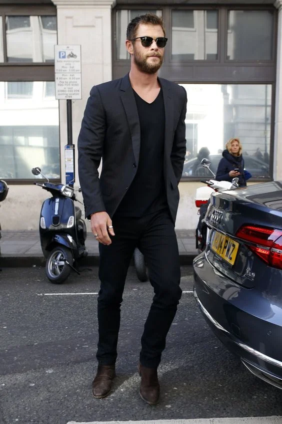 all-black blazer and jeans outfit for men