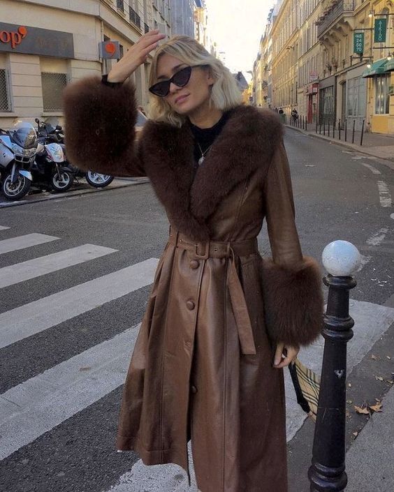 brown leather trench coat for women with a fur collar 