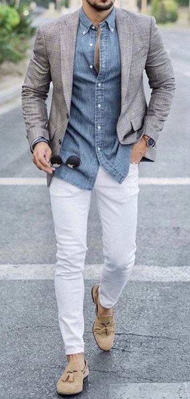 blue denim shirt and white jeans outfit layered with a grey blazer
