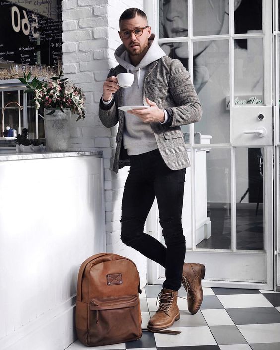 grey flannel blazer and jeans outfit over a hoodie