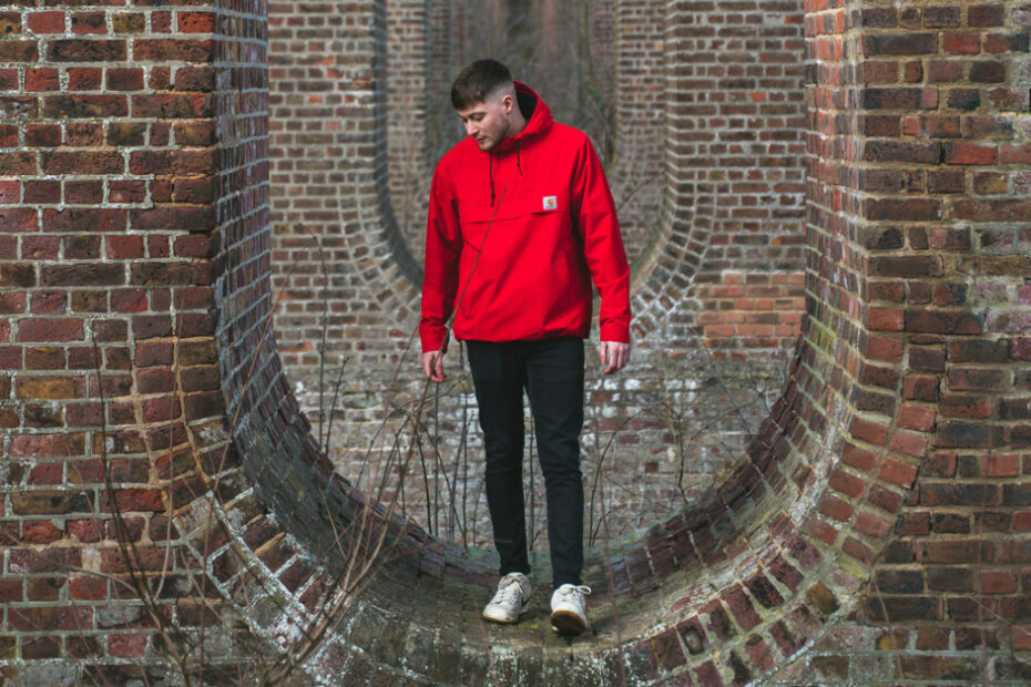 Red store windbreaker outfit