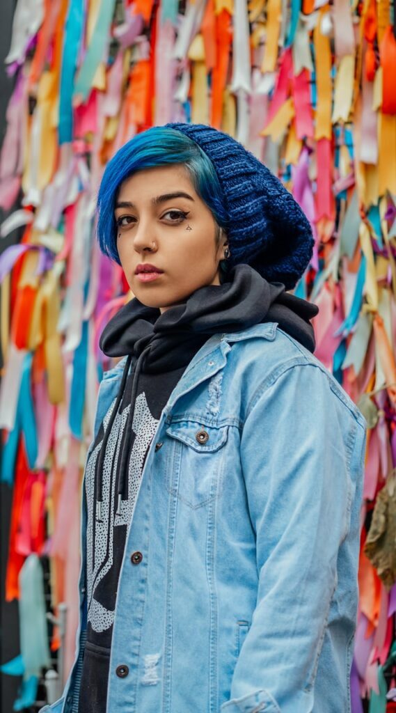 girl wearing a blue slouchy beanie