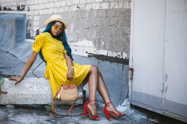 yellow dress with red heels