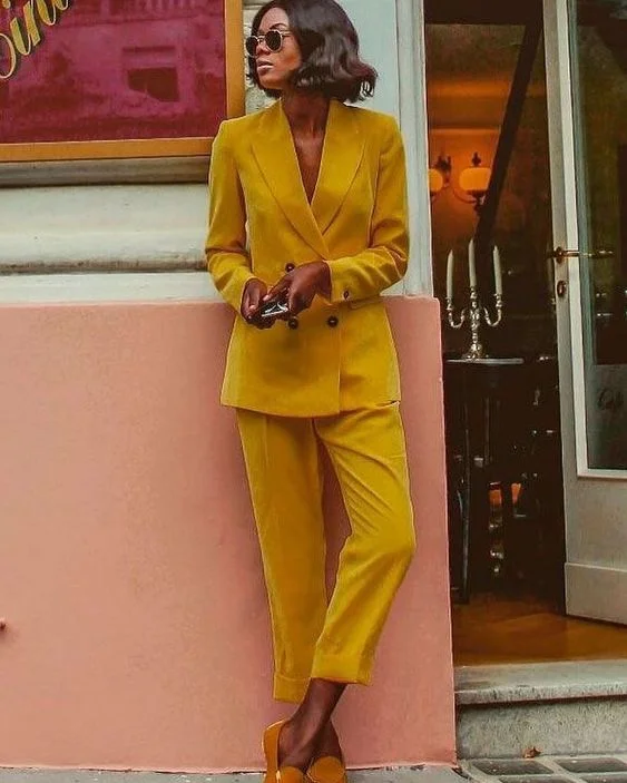 mustard yellow pantsuit