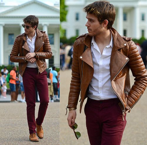 brown leather jacket with burgundy pants