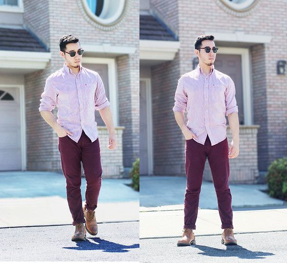 pink shirt burgundy pants