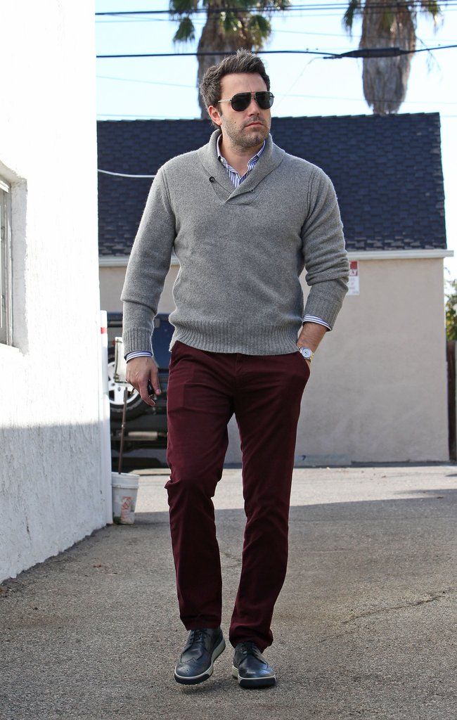 grey sweater with maroon jeans