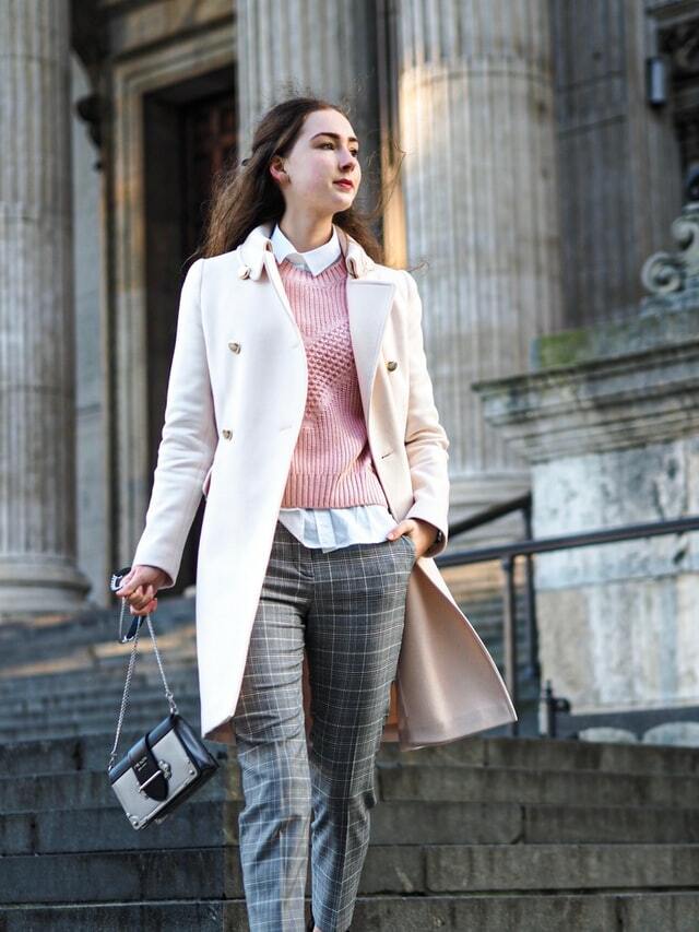 white trench coat with plaid pants