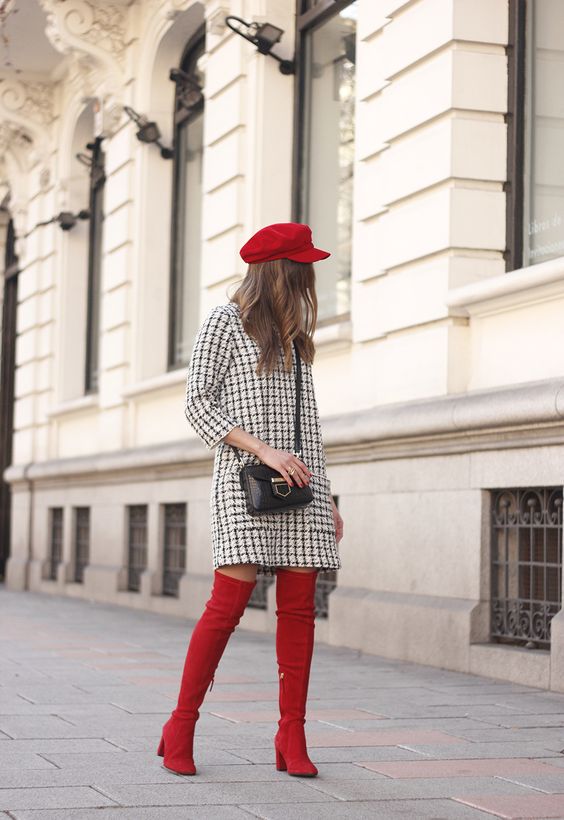 red beret and boots with a checked dress