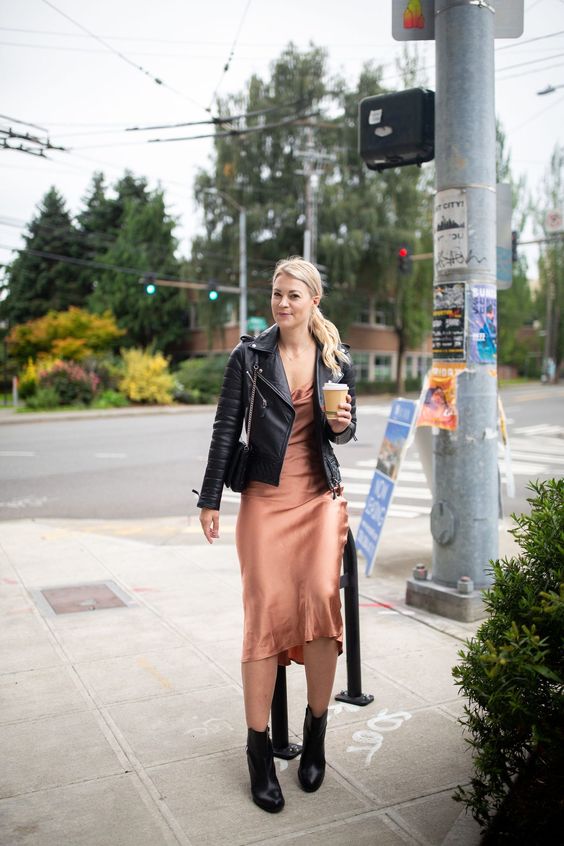 slip dress with a leather jacket
