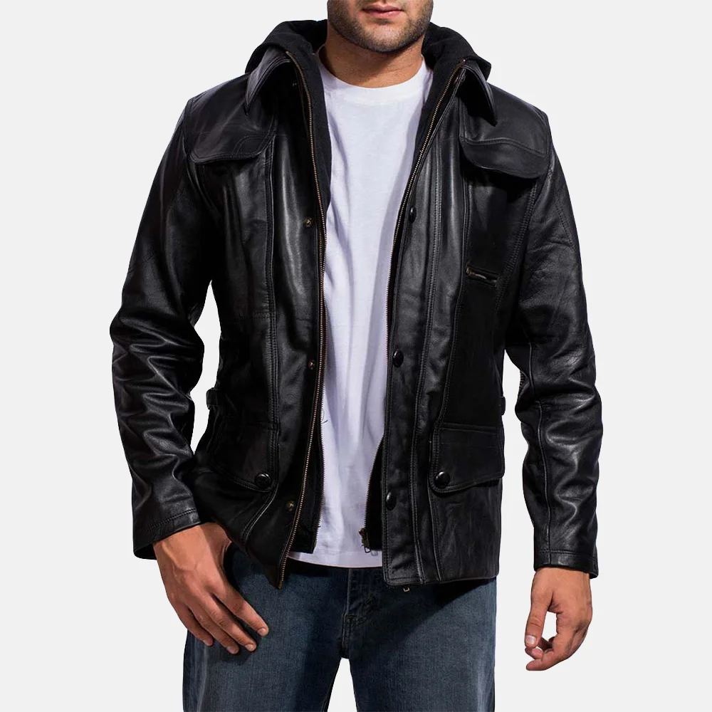 moulder hooded full grain black leather jacket