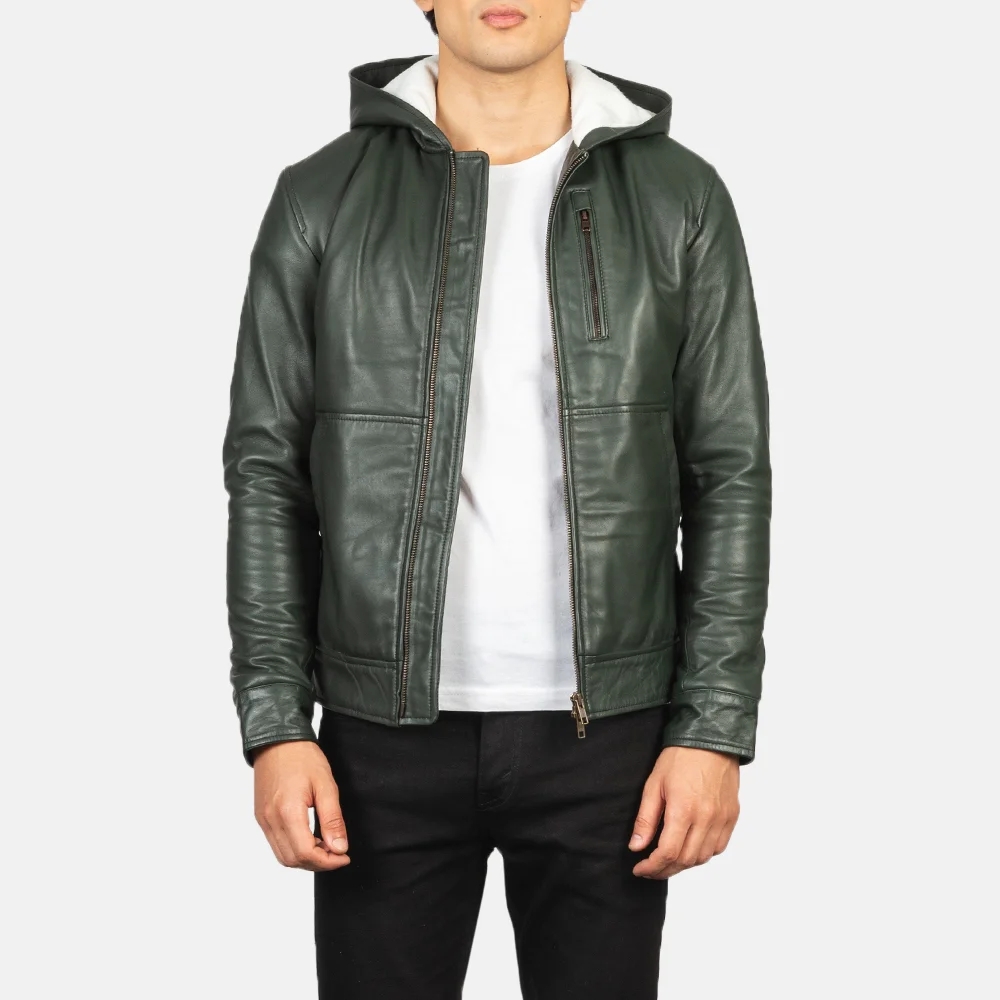 baston green full grain hooded leather bomber jacket
