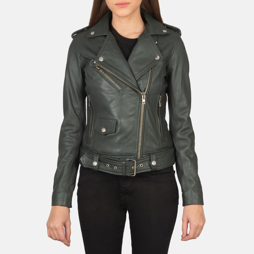 Alison Green Leather Biker Motorcycle Jacket 