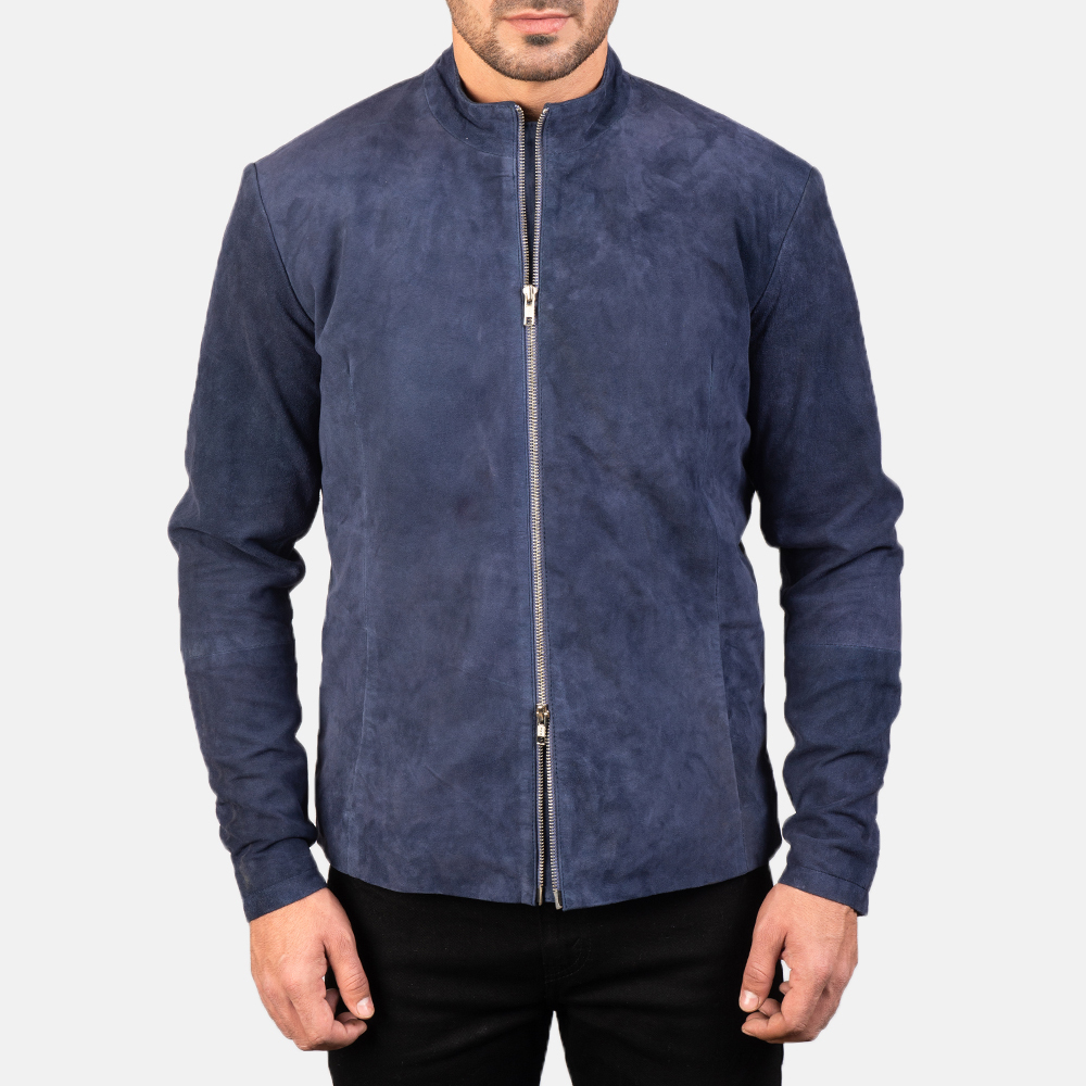 Charcoal Navy Blue Suede Moto Biker Jacket