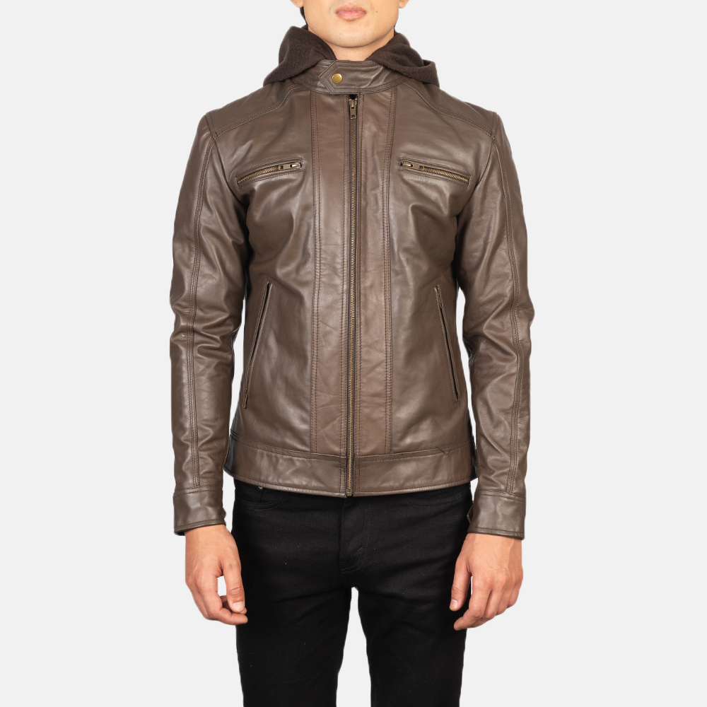 Hector Brown Hooded Leather Biker Jacket 