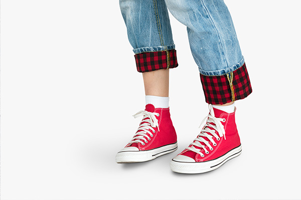 Red High Tops with blue jeans a contemporary look