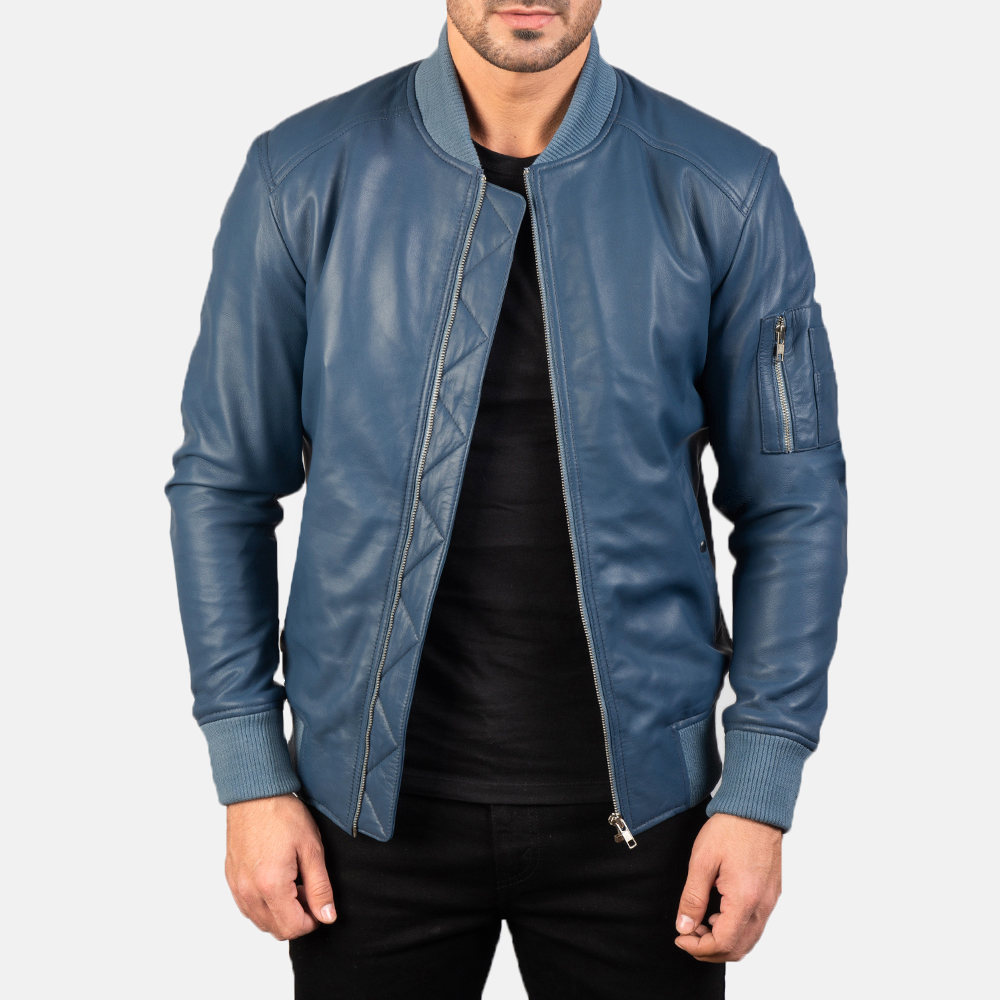 Bomia Ma-1 Blue Leather Bomber Jacket