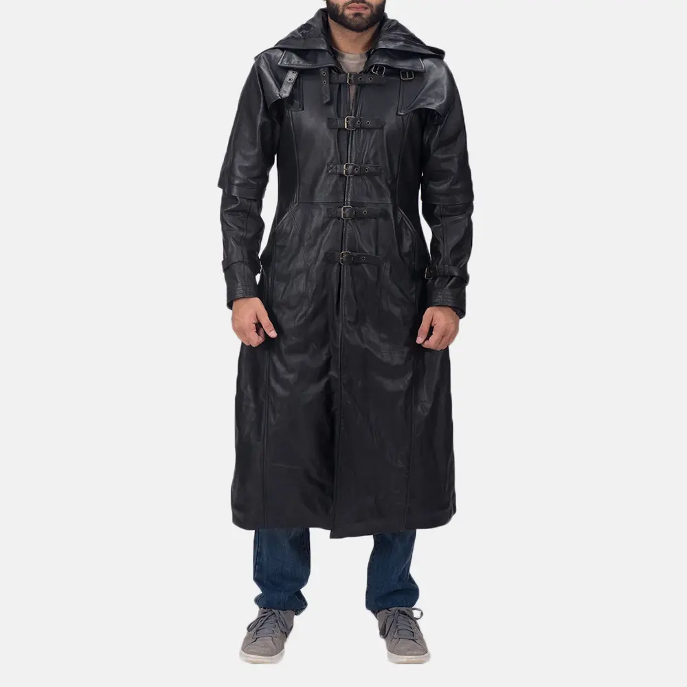 Huntsman Black Hooded Leather Trench Coat