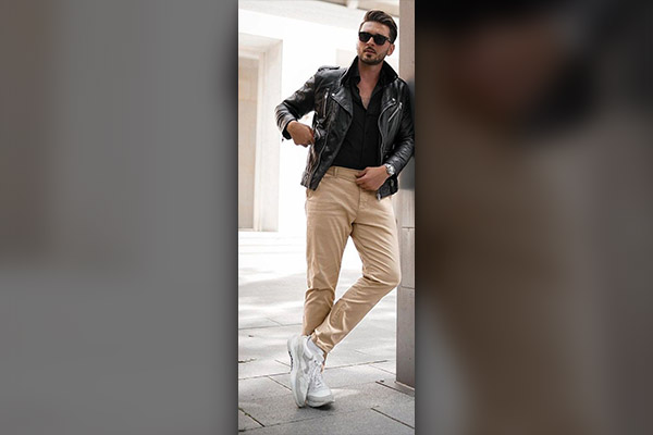 Polo Shirt + Leather Jacket with khaki pants