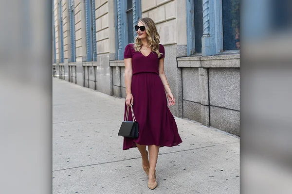 Maroon dress with gold hot sale heels