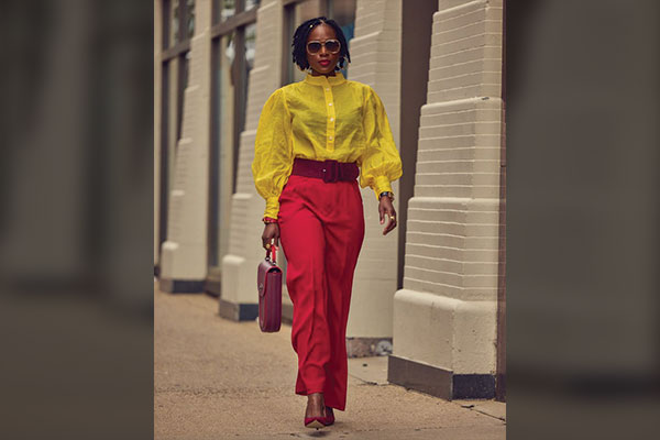 A Hot Pink Blouse with Honey Yellow Trousers 