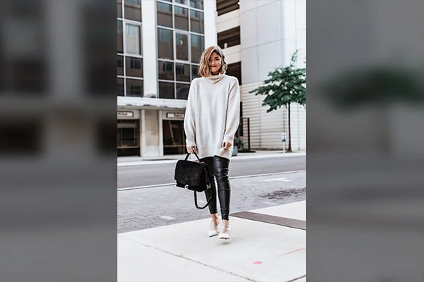 Beige Sweater Dress with Leather Leggings