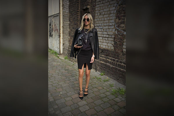 Black Pencil Skirt with Leather Jacket
