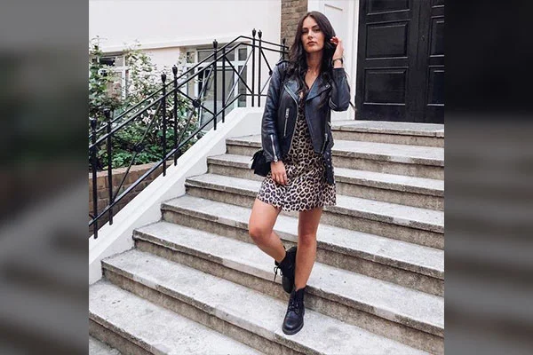 Black Skirt, Grey Henley, and Black Biker Jacket