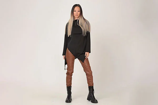 Black Top with Brown Leather Leggings