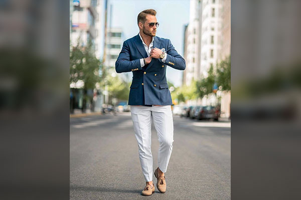 Blue Blazer with White Trousers