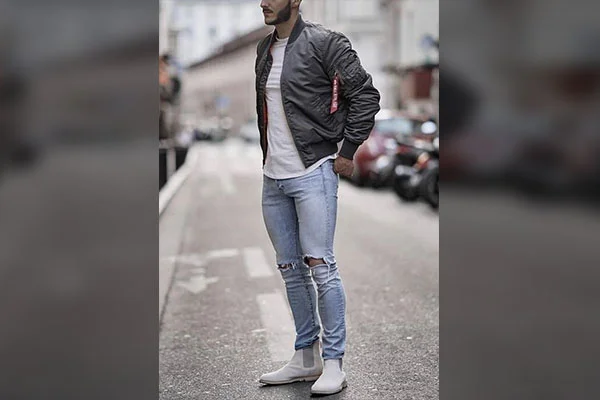 Bomber Jacket and Blue Ripped Pants