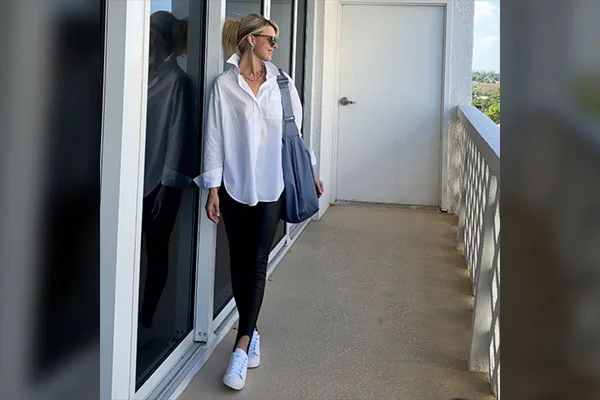Breton Top and Sneakers with Leather Leggings