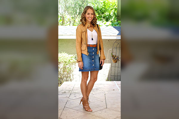 Denim Short Skirt with Khaki Jacket 