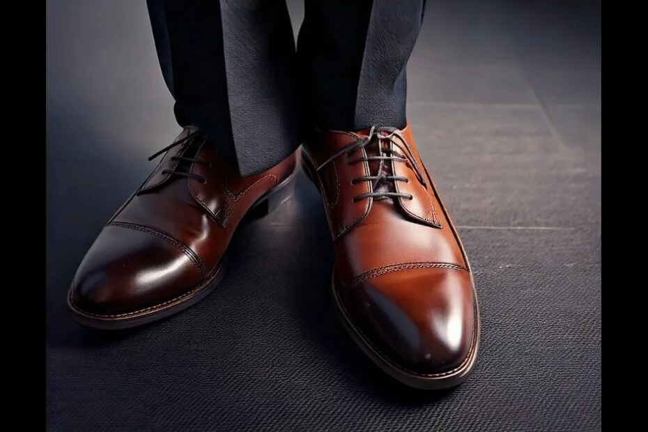 black suit with brown shoes