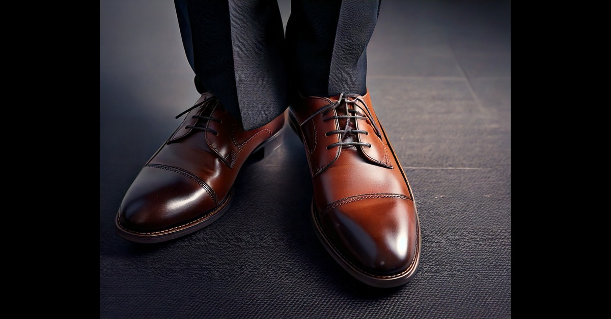 black suit with brown shoes