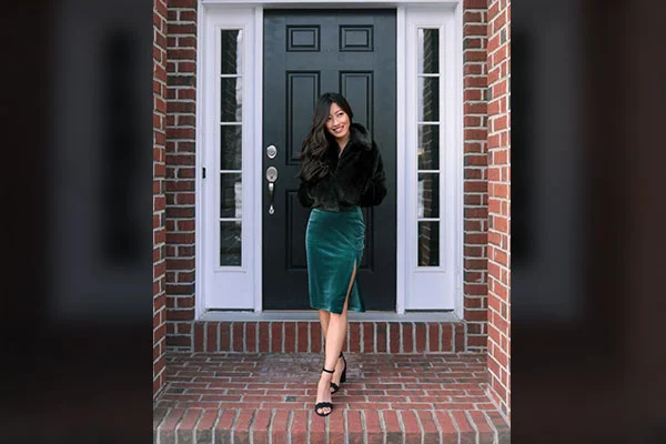 6. Fur Bomber Jacket Over a Mandarin top and High Waisted Skirt