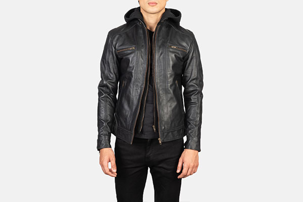 Hector Black Hooded Leather Winter Motorcycle Jacket