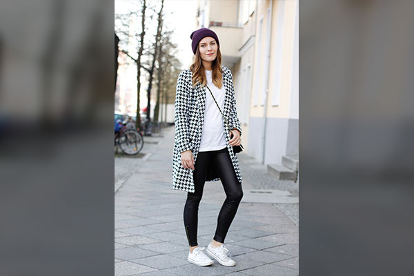 Houndstooth Coat with Leather Leggings
