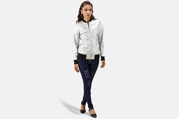 Lana Silver Leather Bomber Jacket