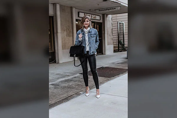 Leather Leggings with a Long Chambray Shirt